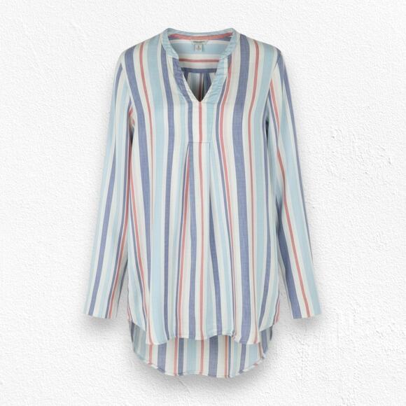 L.L. Bean 100% Linen Blue White Stripe Tunic Long Sleeve Summer Shirt Size Small - Picture 1 of 7